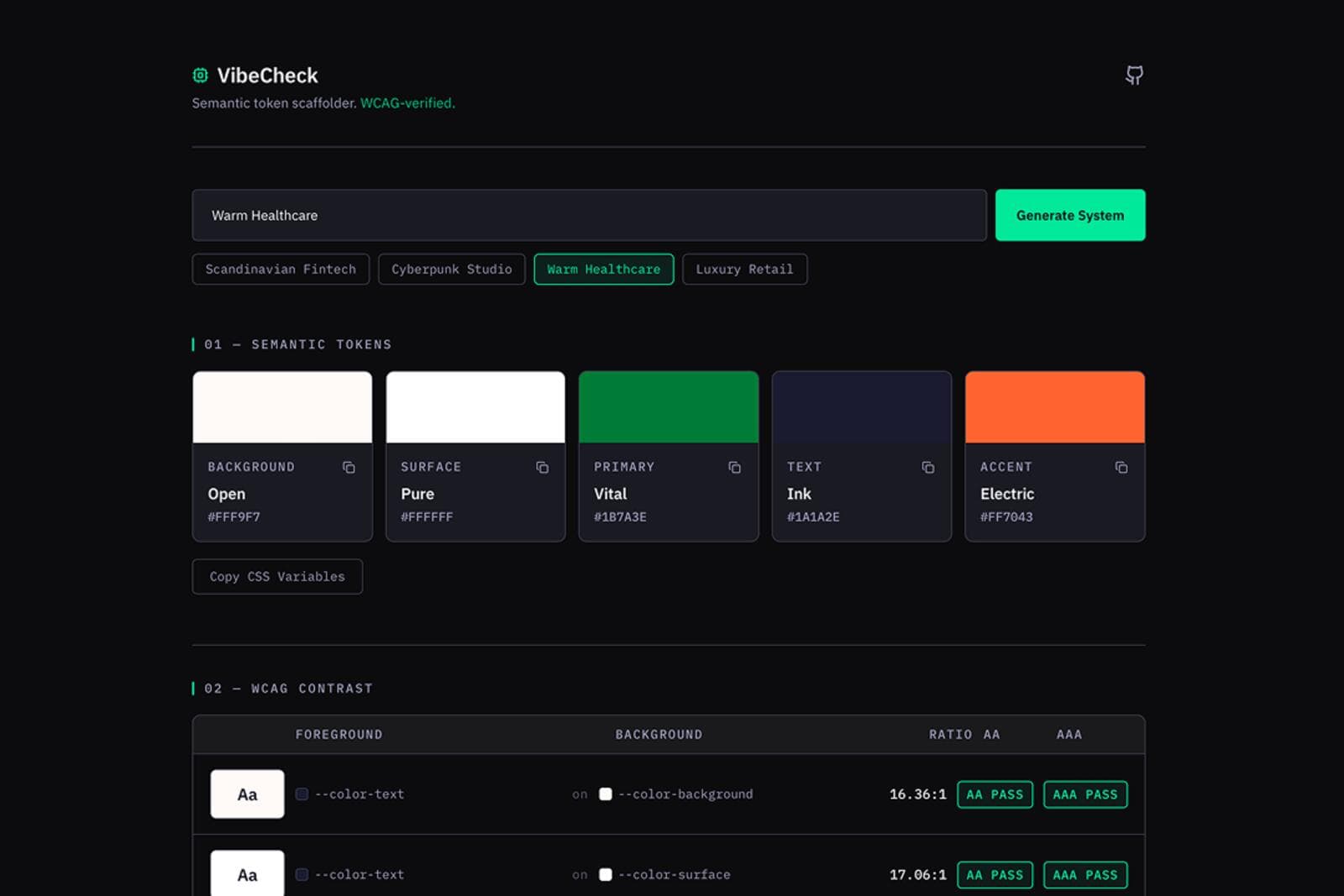 Semantic Design Token Generator with WCAG Verification