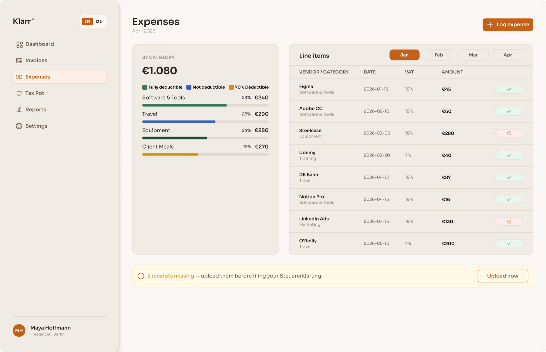 Klarr Expense Breakdown screen