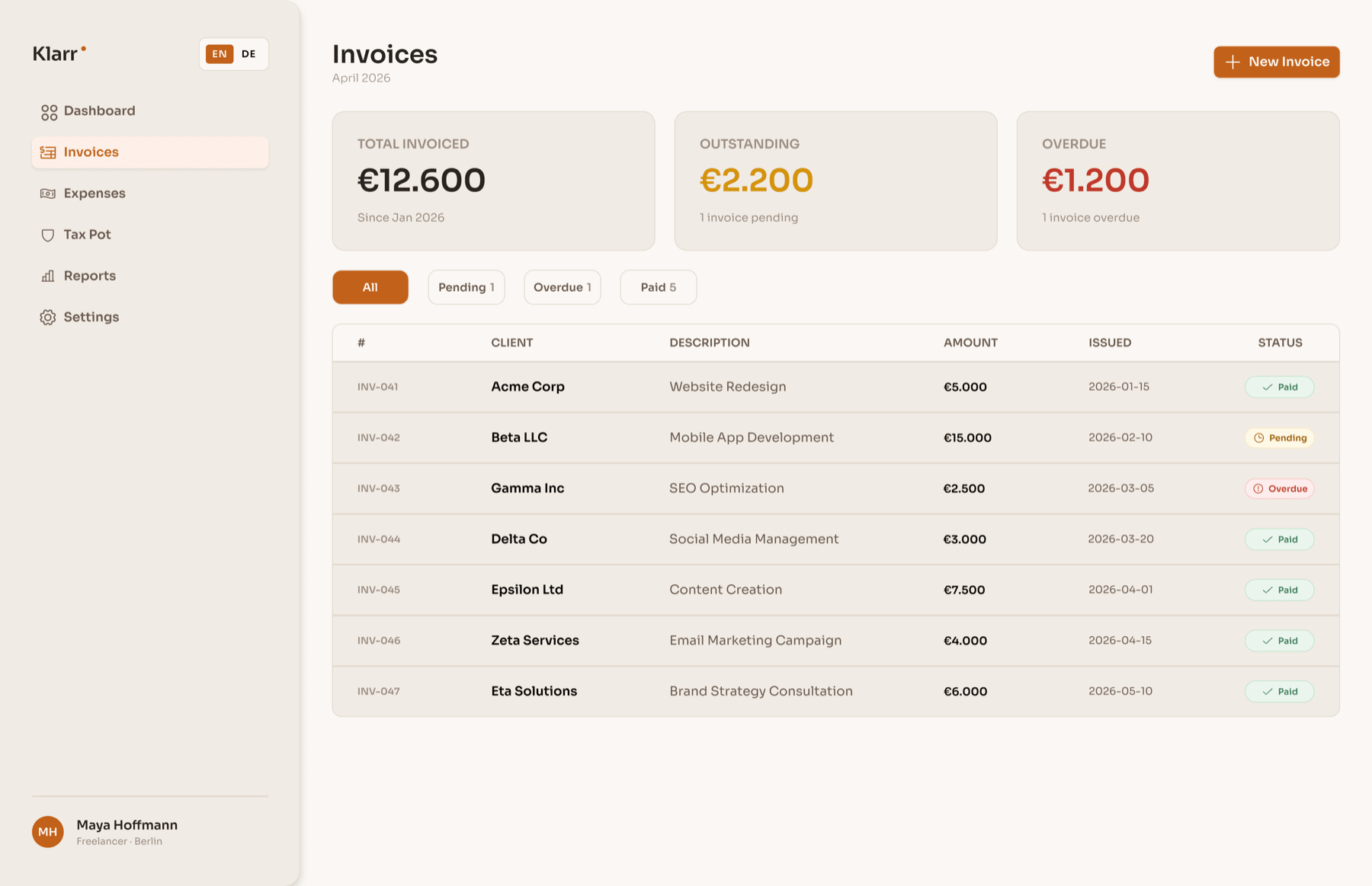 Klarr Invoice Tracker screen