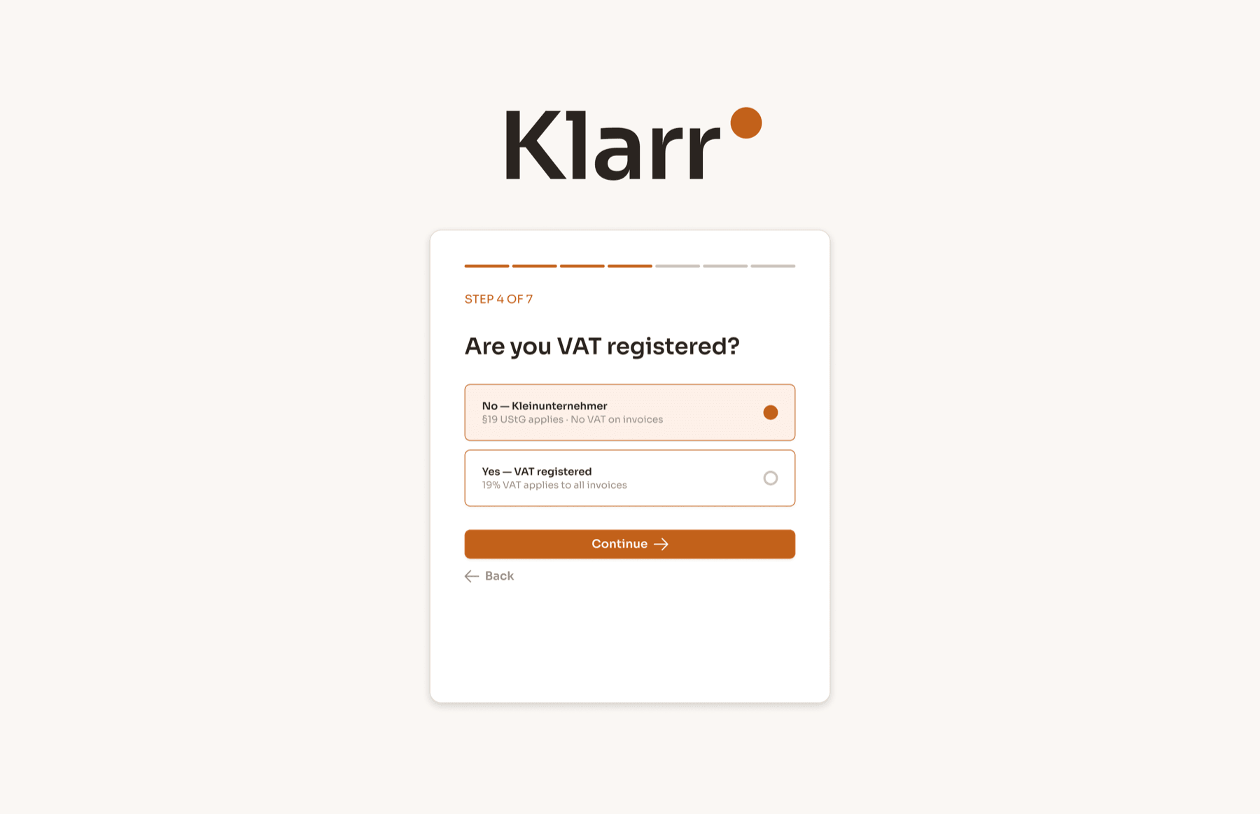 Klarr VAT status screen