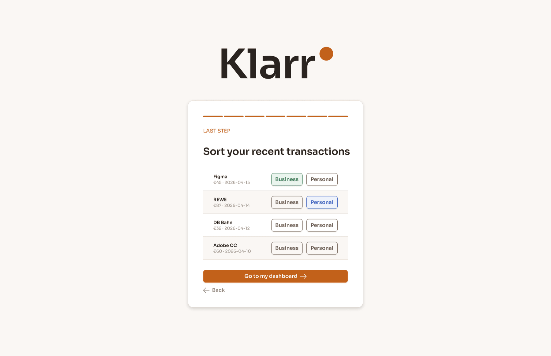 Klarr First categorisation screen