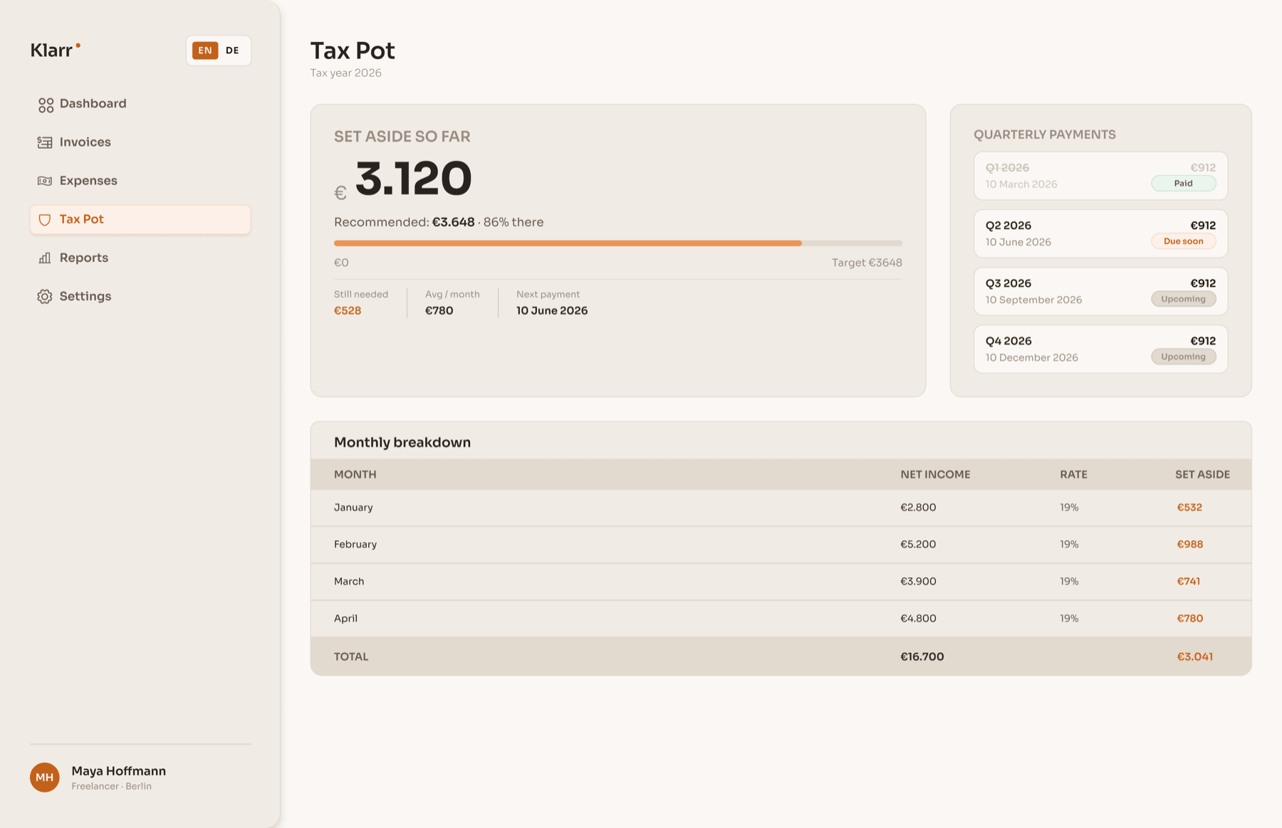 Klarr Tax Pot screen
