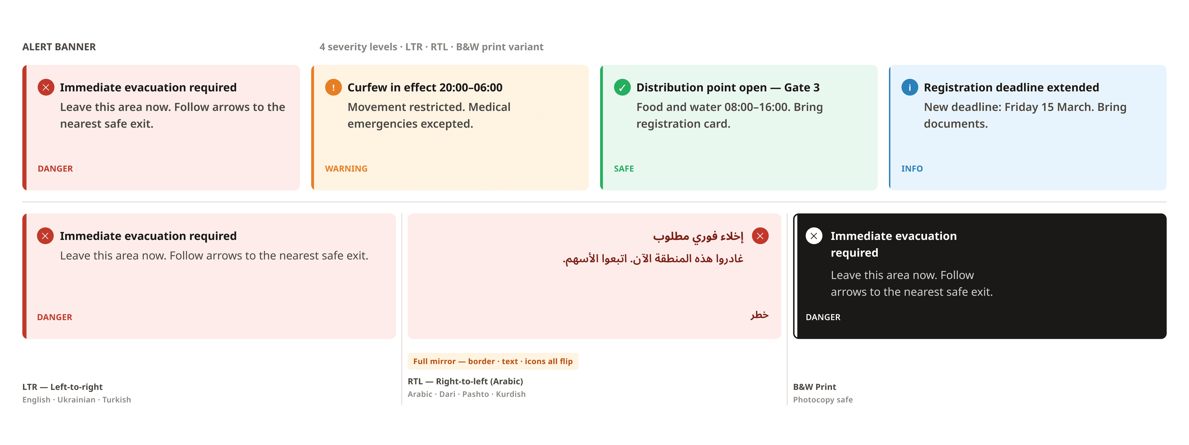 Alert Banner component: 4 severity levels with LTR, RTL, and B&W print variants