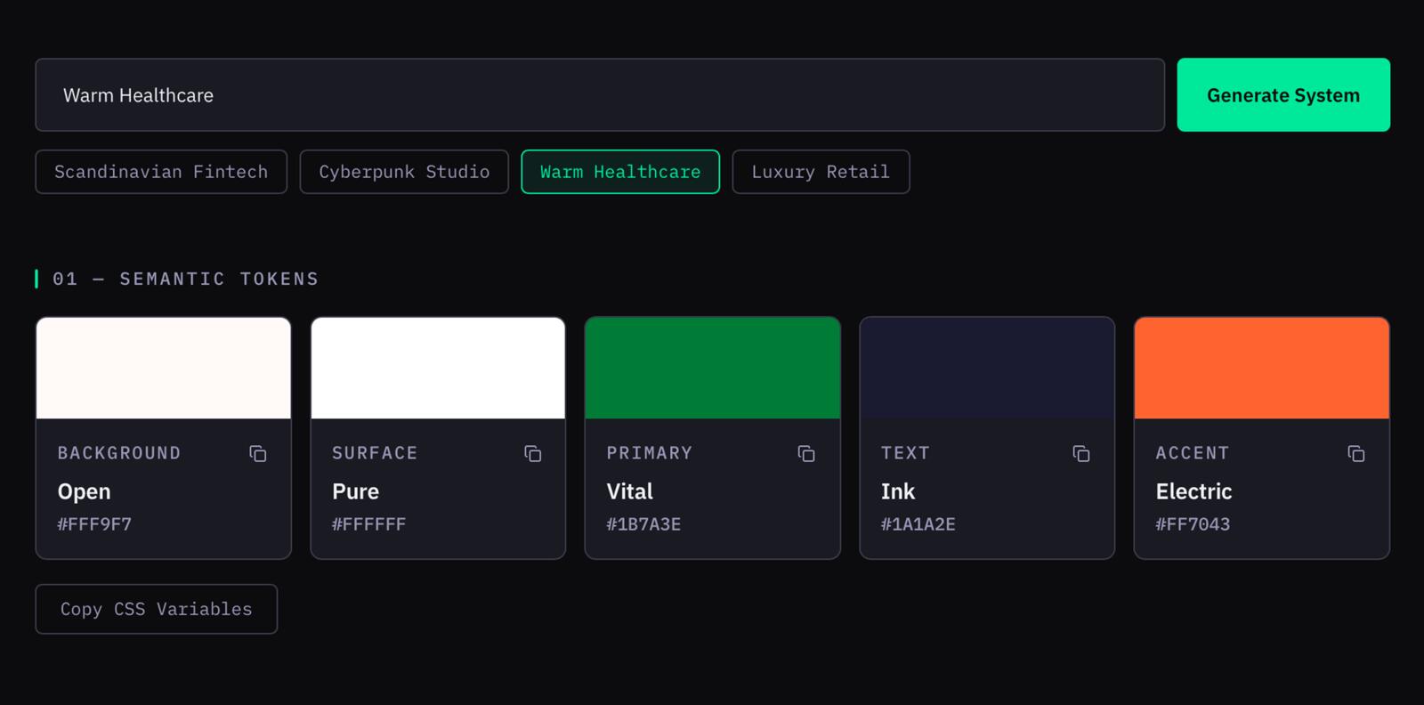 Semantic token output — five role-named tokens with WCAG contrast validation